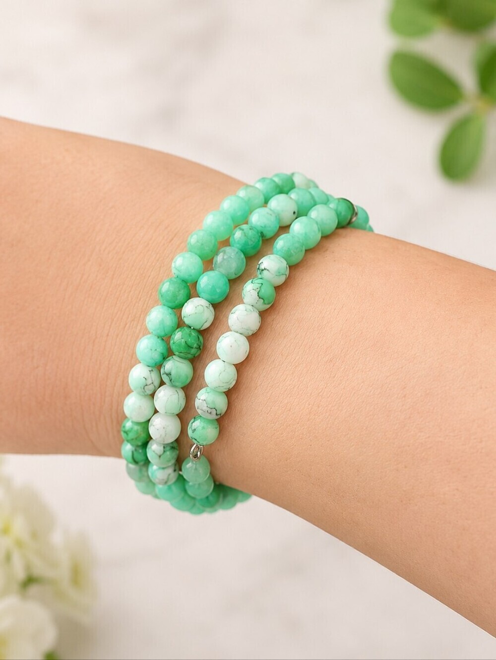 Seafoam Green Dragon Veins Beaded Wrap Bracelet – Handmade Coastal Jewelry - Picture 3 of 7